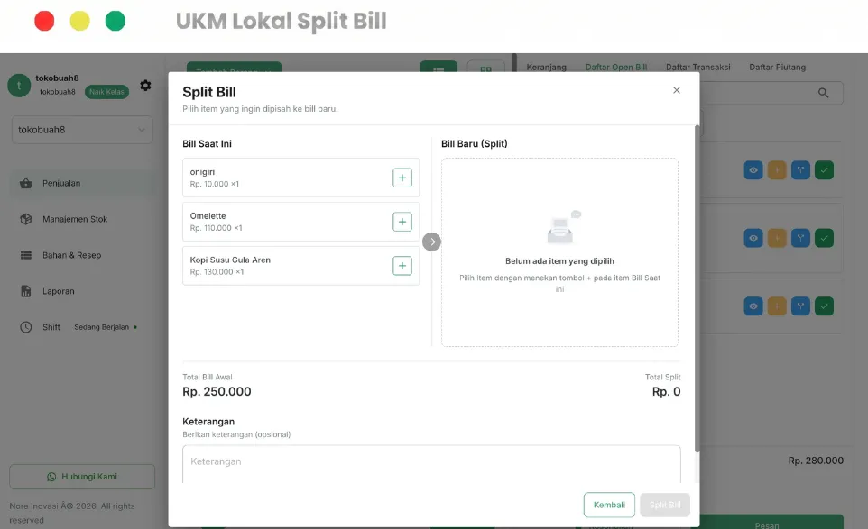 Fitur split bill aplikasi kasir ULO