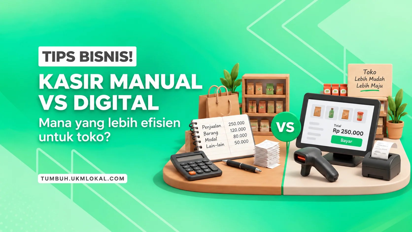 Ilustrasi perbandingan kasir manual vs digital untuk toko